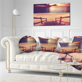 Wood Boardwalk in Beach At Evening Bridge Throw Pillow, 12"x20"