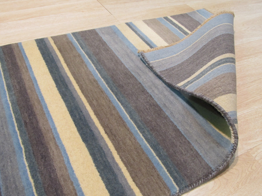 Blue/Brown Striped Handmade Wool Rug, 2'x10'