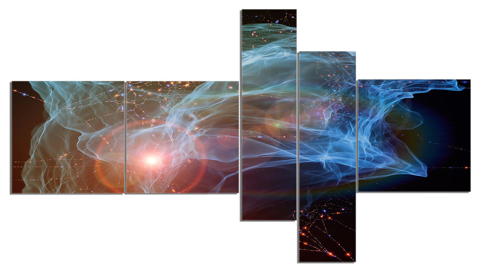 Light Blue Lights of Network, Abstract Canvas art print, 60"x32", 5 panels
