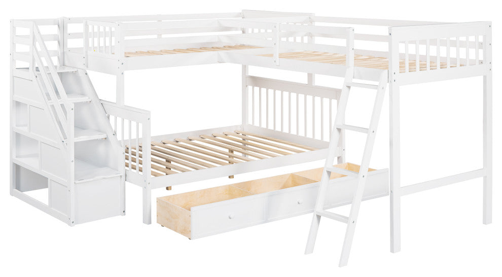 Gewnee Wood Twin over Full L-Shaped Bunk Bed With 3 Drawers in White