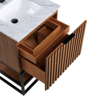 Terra Bathroom Vanity, Walnut/Matte Black With Carrara Marble, 24"