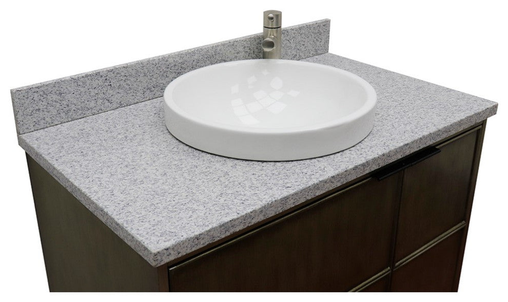 37" Single Vanity, Linen Brown Finish With Gray Granite Top And Round Sink