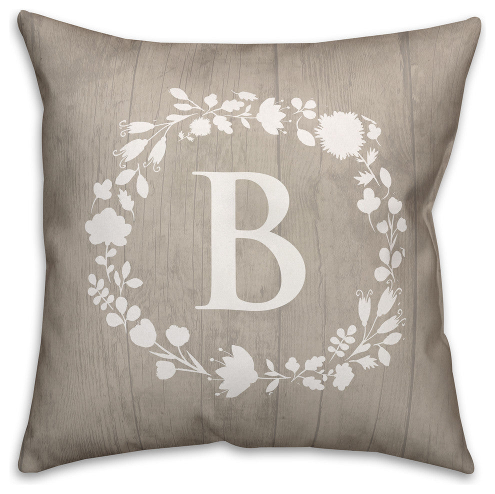 B Rustic Wreath Monogram Spun Poly Pillow, 18x18