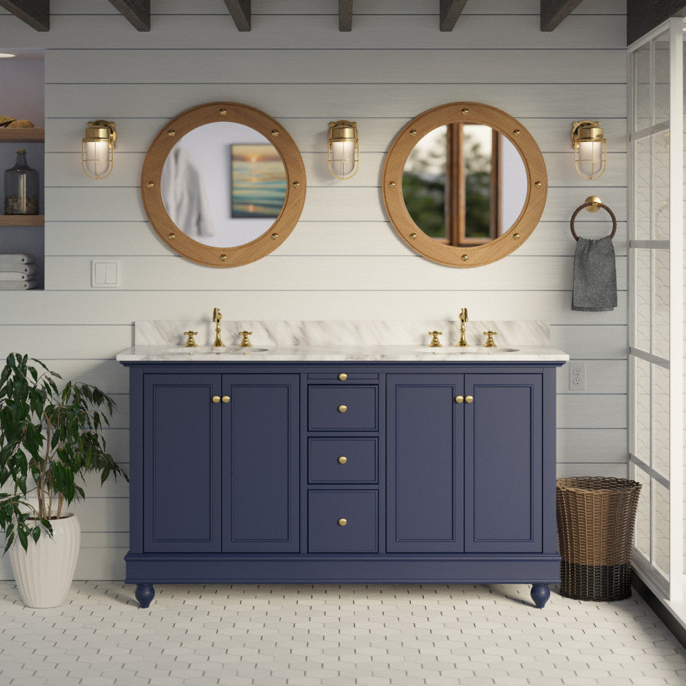 Bella 60" Bathroom Vanity, Royal Blue, Carrara Marble, Double Vanity