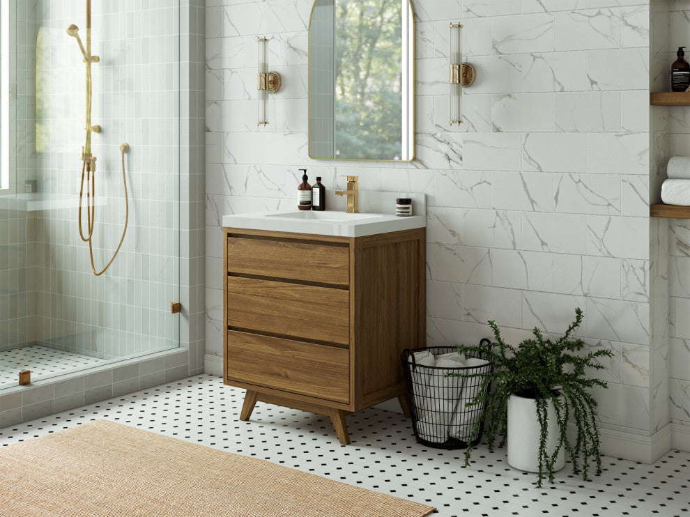 Madison  Teak 30 Single Sink Bath Vanity Golden Teak 2" Piatra Gray Quartz