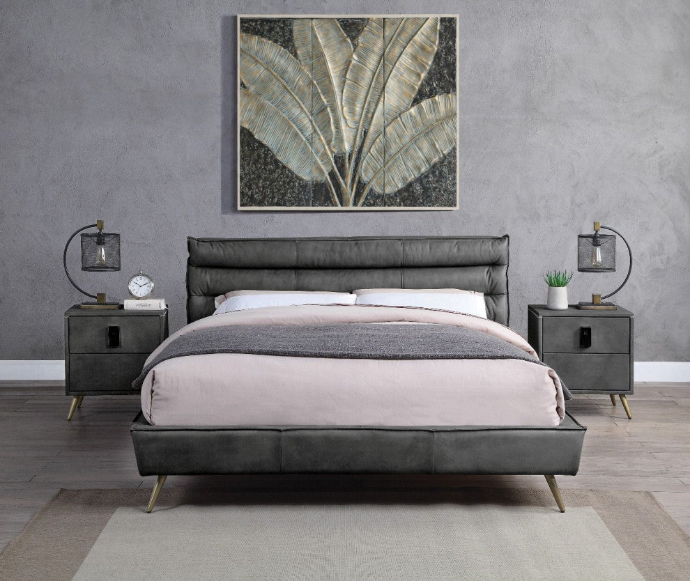 Alexa Top Grain Leather Platform Bed, Gray, Queen