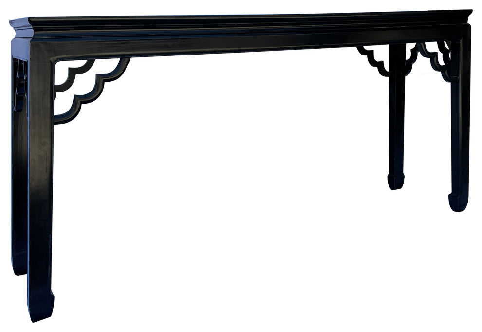 Chinese Vintage Elm Wood Scroll Motif Apron Black Console Altar Table Hcs7581