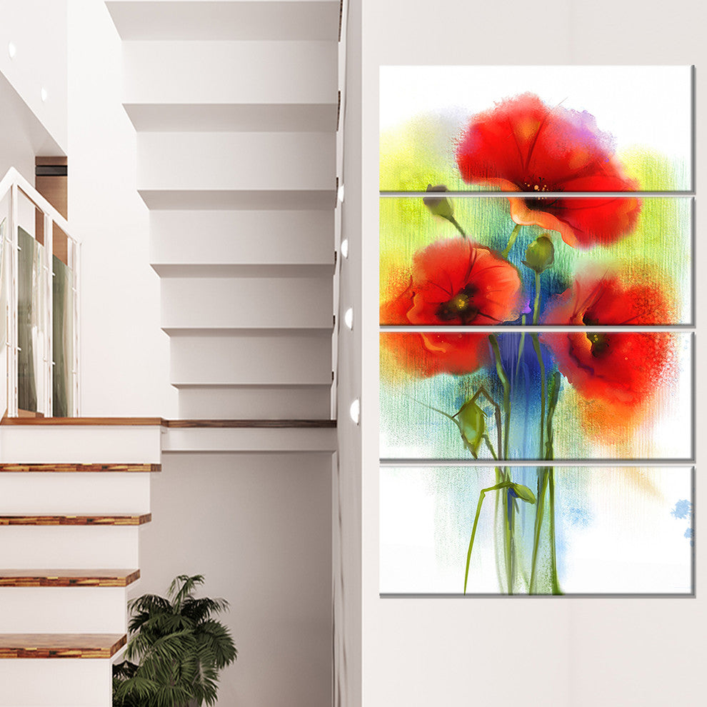 "Bunch of Bright Red Poppy Flowers" Flower Wall Art, 4 Panels, 28"x48"