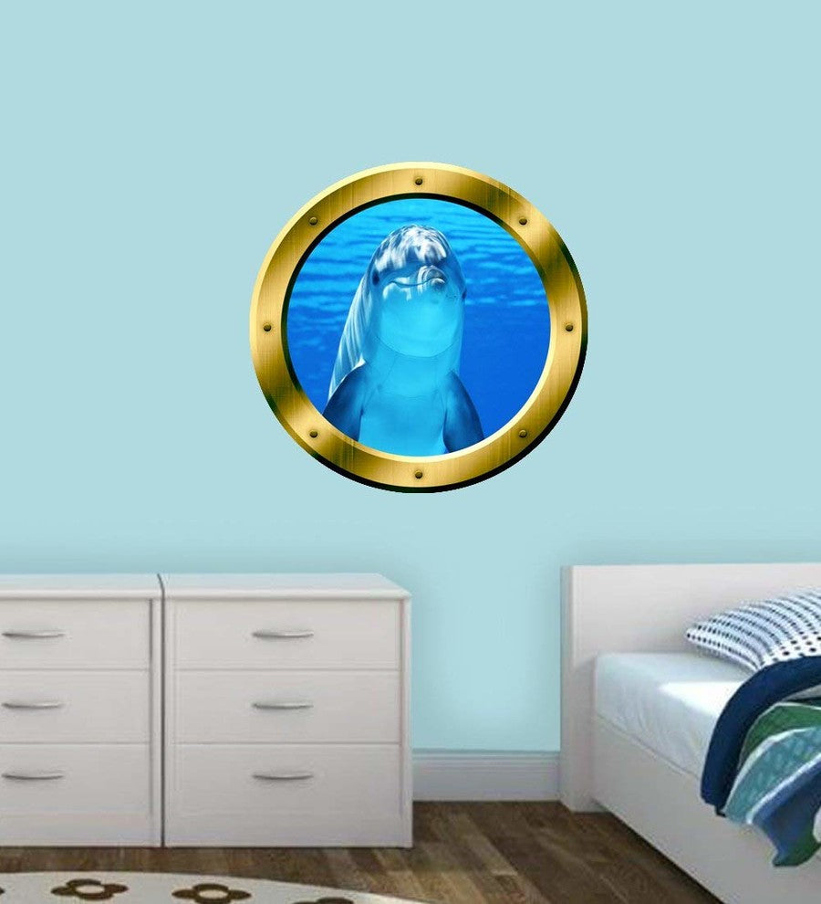 VWAQ, Dolphin Porthole Porpoise Wall Decal, 14" Diameter