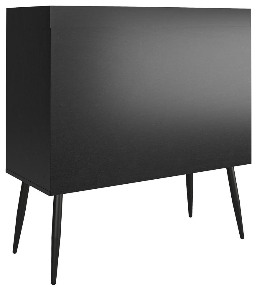 Retro Modern Storage Cabinet, Angled Legs & Doors With Cut Out Pulls, Black Oak