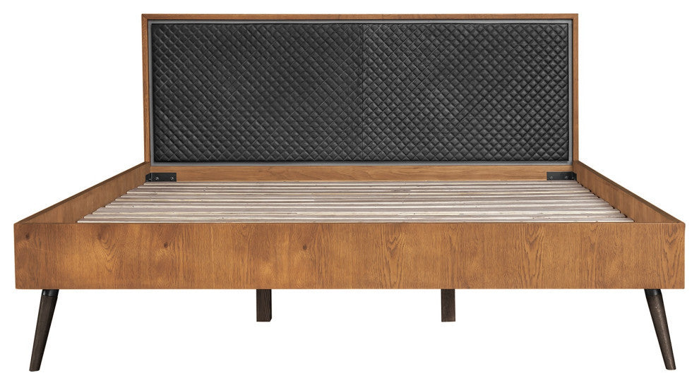 Coco Rustic Oak Wood Upholstered Faux Leather King Platform Bed