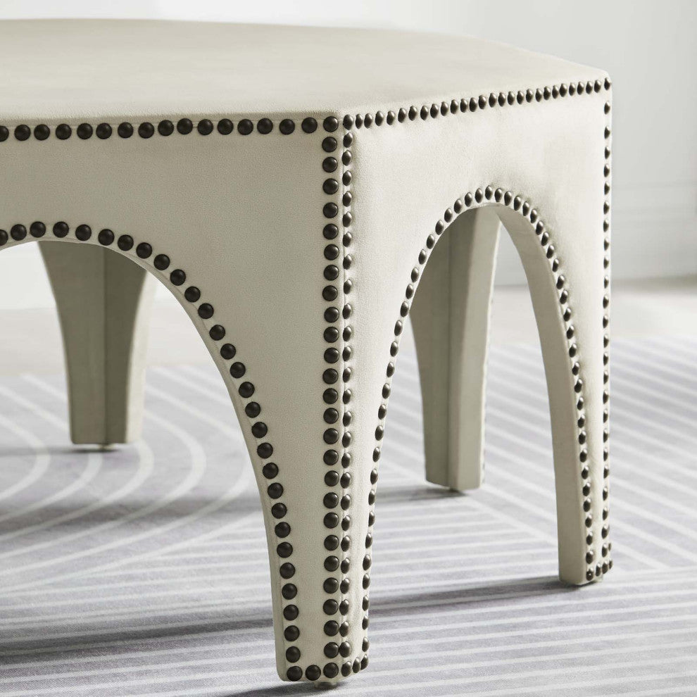 Ottoman Accent Chair, Nailhead, Ivory White, Velvet, Modern Lounge Cafe