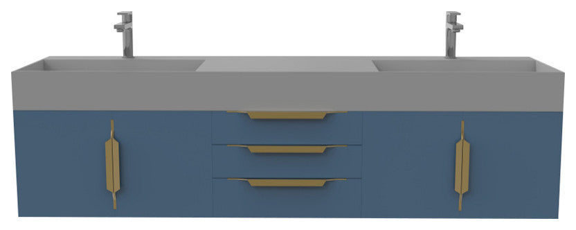 CastelloUSA Amazon 72" Wall Mounted Vanity Set, Blue, Gray Top, Gold Handles