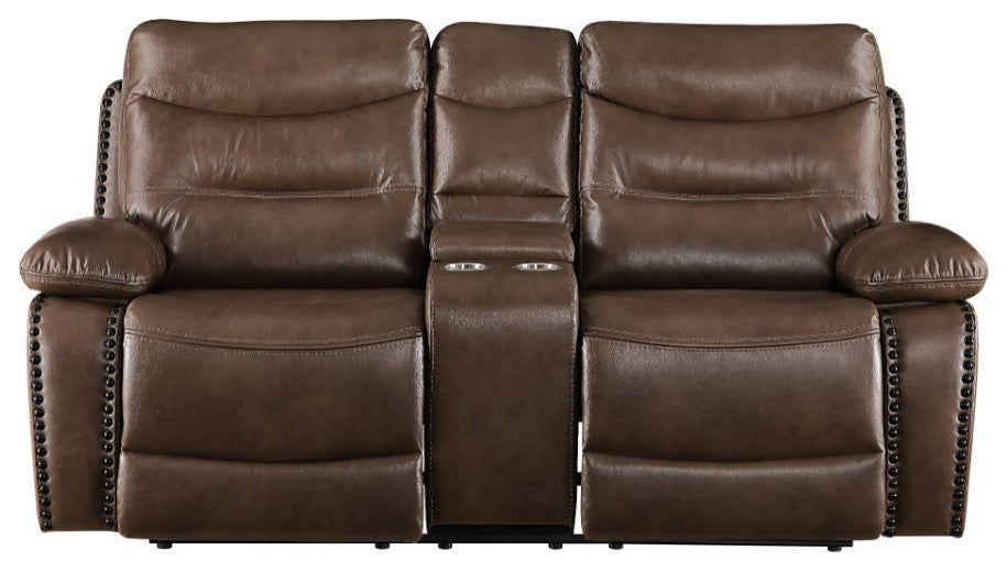 Aashi Motion Loveseat With Console, Brown Leather-Gel Match