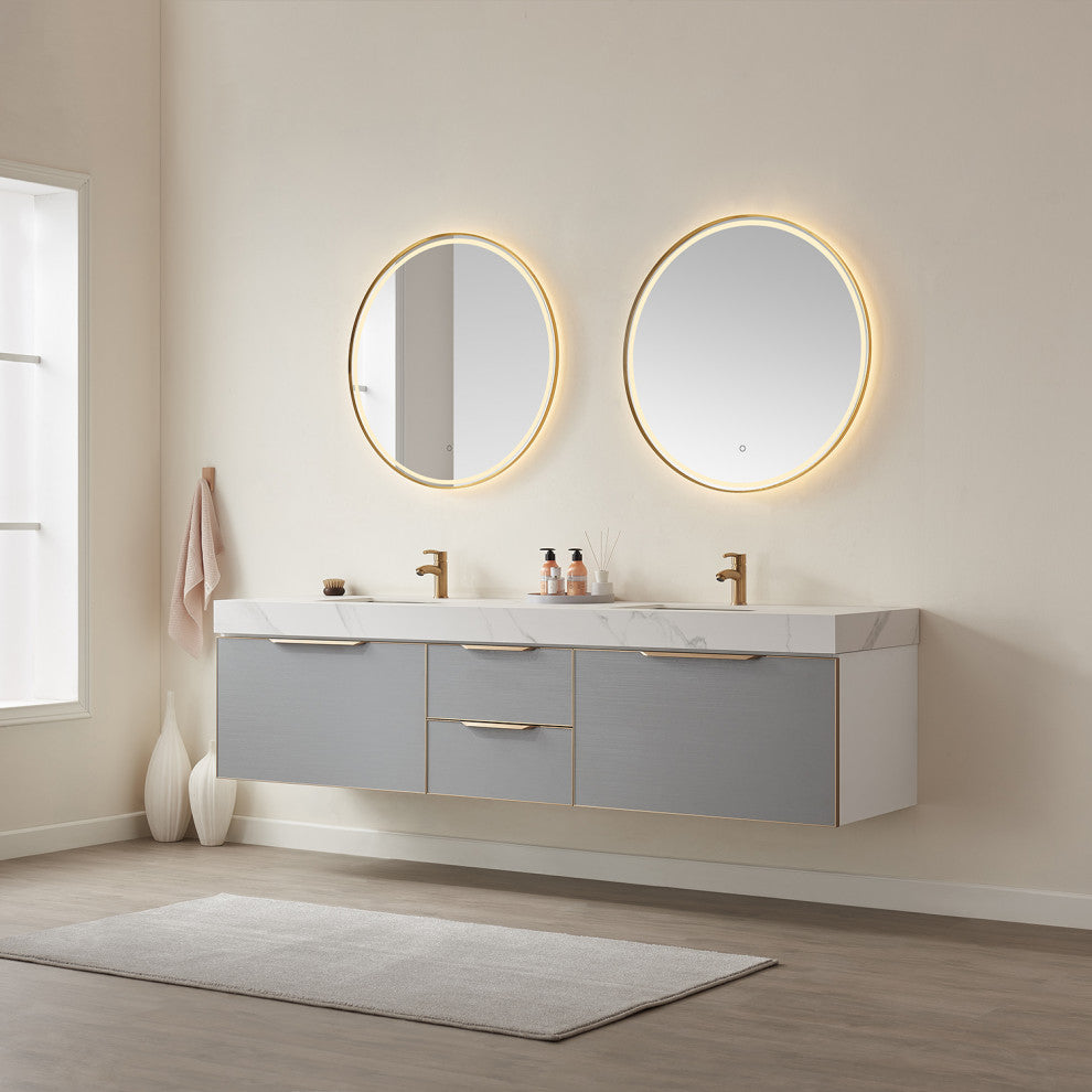 Alicante Vanity With Stone Countertop, Elegant Grey, 84", With Mirror