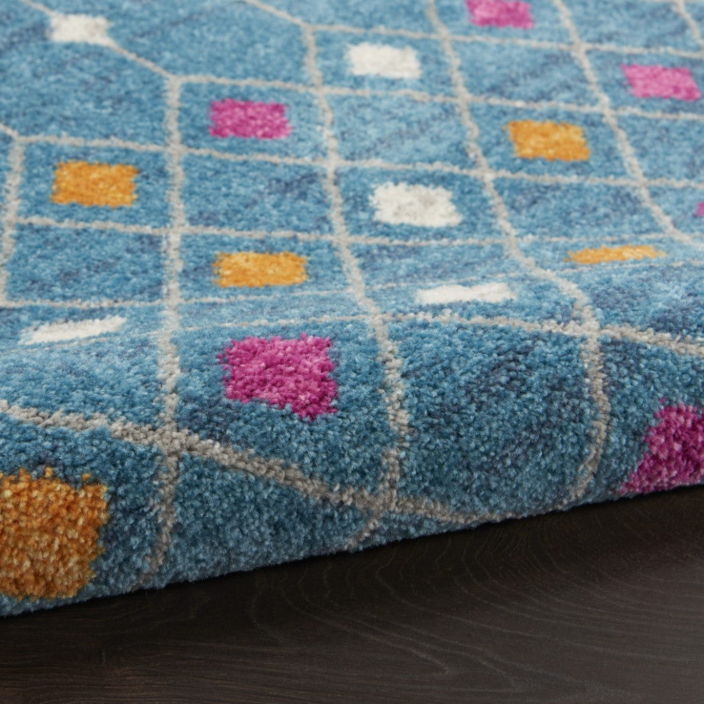 7' X 10' Blue And Orange Geometric Dhurrie Area Rug