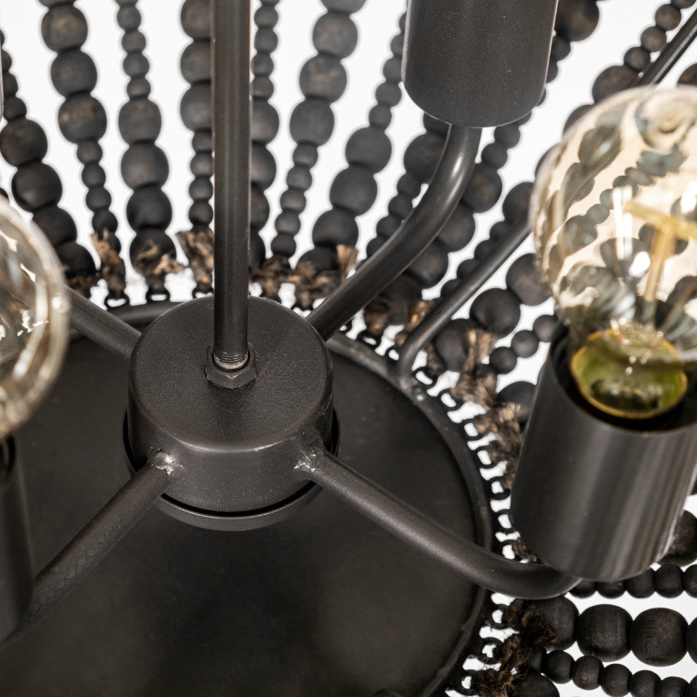 Liam I Black Wooden Bead Bowl-Style Four Bulb Chandelier