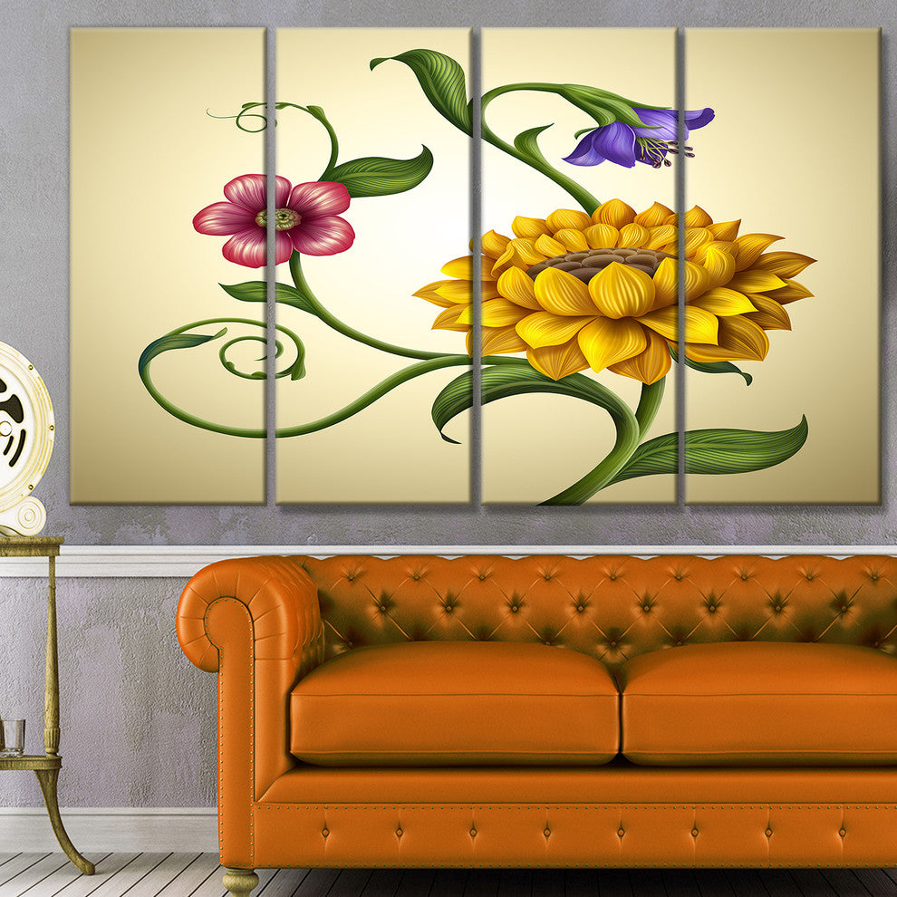 Flowers and Leaves Illustration, Floral Canvas Art Print, 48"x28", 4 Panels