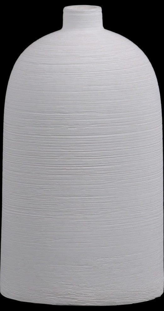 Ceramic Round Vase With Short Neck and Small Mouth, Combed Finish White