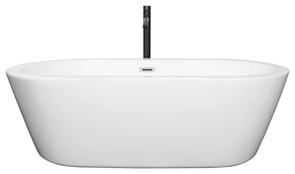 71" Freestanding Bathtub, White, Chrome Trim, Floor Mounted Faucet, Black