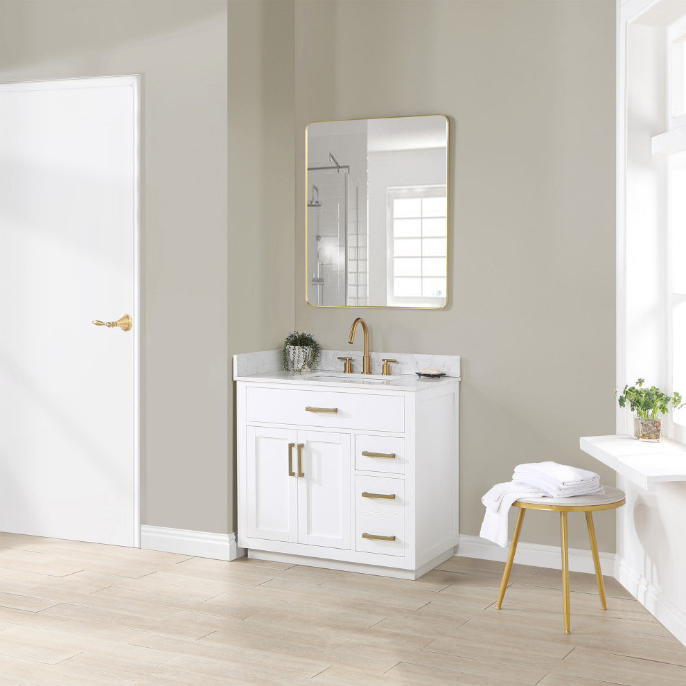 Gavino Vanity With Grain White Composite Stone Top, White/Brushed Gold, 36", No Mirror