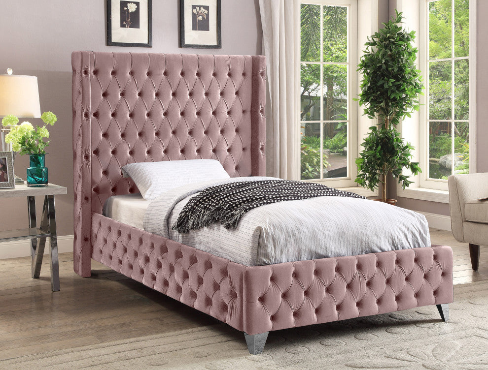 Savan Velvet Upholstered Bed, Pink, Twin