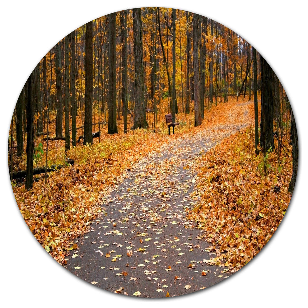 Autumn Walk Way With Fallen Leaves, Forest Disc Metal Artwork, 11"