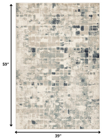 3"x5" Beige Blue Abstract Tiles Distressed Area Rug