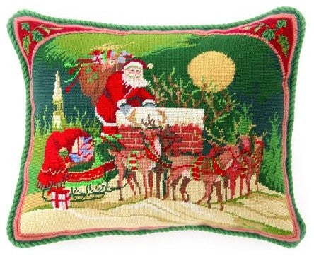 Santa Riding Reindeer NeedlePoint Pillow