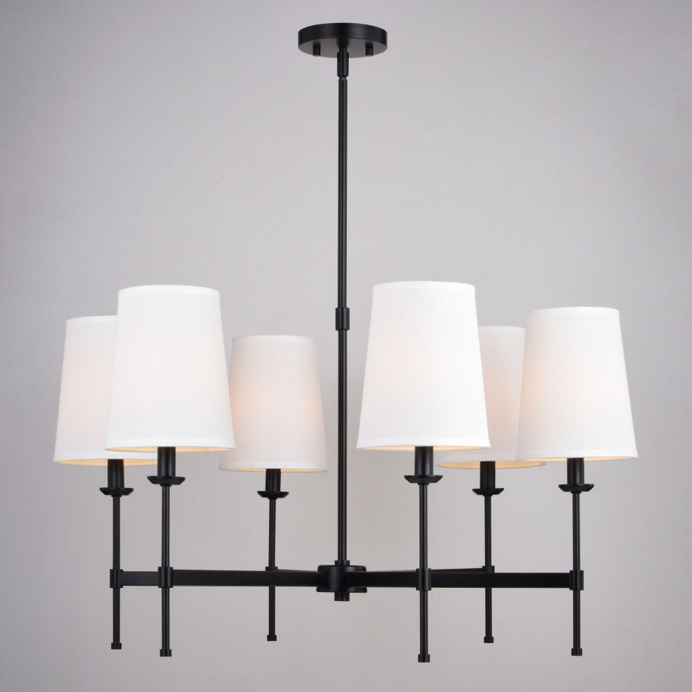 Camden 6 Light Matte Black Chandelier Fixture White Fabric Linen Shade