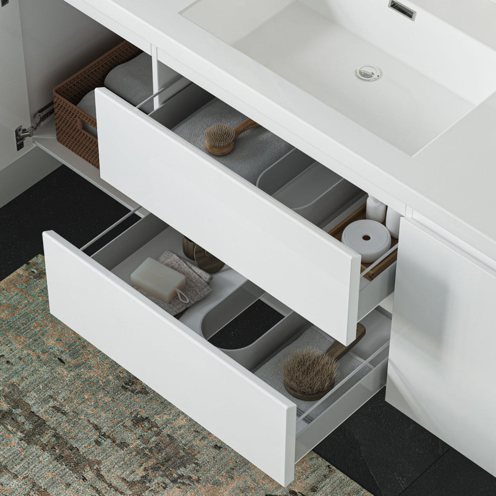 Beacon Bath Vanity, High Gloss White, 60", Single Sink, Wall Mount