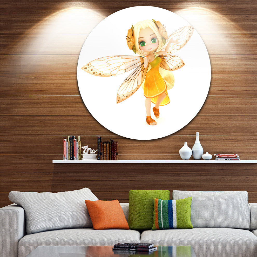 Fairy Woman With Yellow Wings, Floral Painting Round Wall Art, 11"