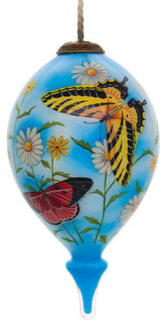 Daisy Delight and Butterflies Hand Painted Mouth Blown Glass Ornament