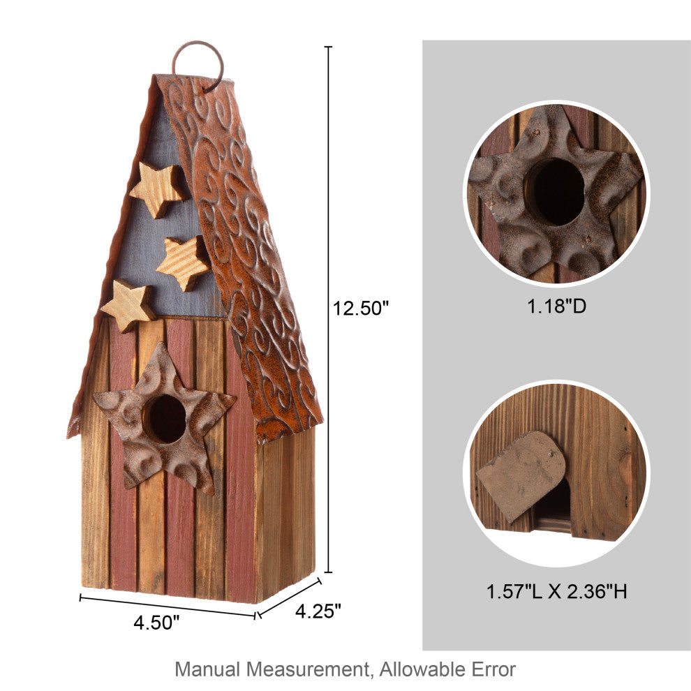 12.4" H USA Patriotic Theme Wooden Bluebird House Decorative Birdhouse