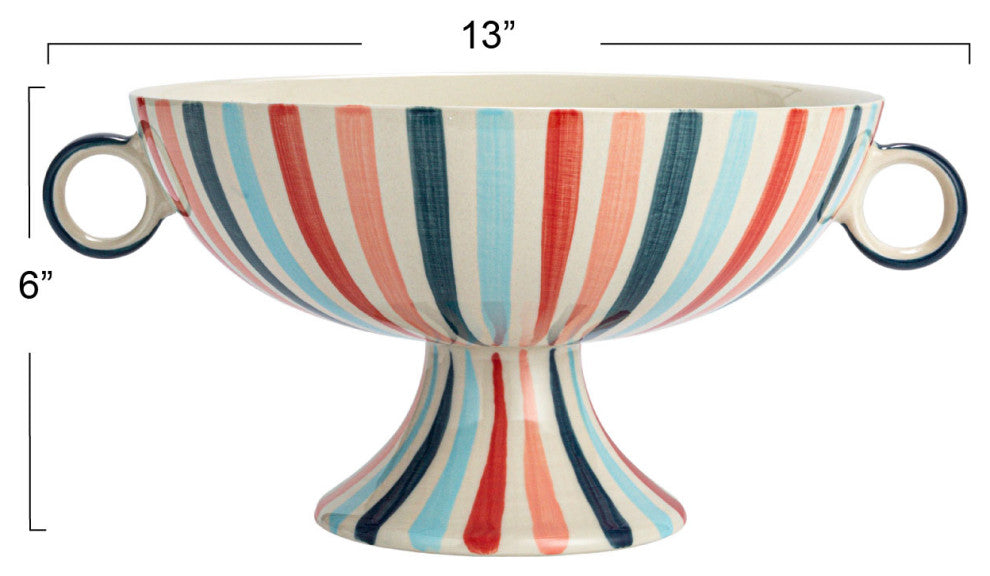 Hand-Painted Stoneware Footed Bowl With Handles and Stripes, Multicolor