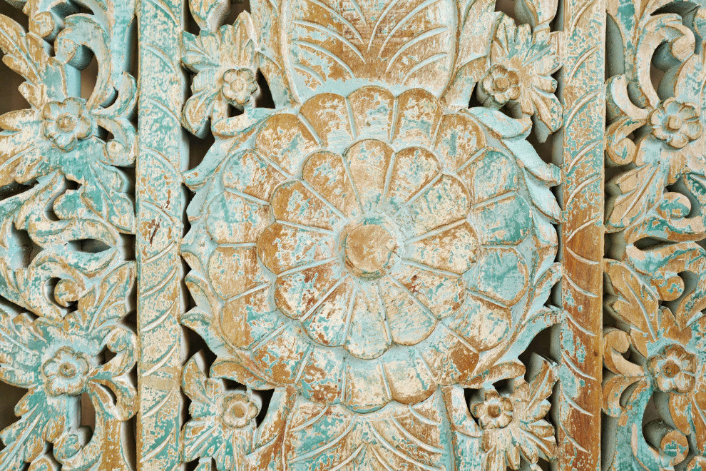 Consigned Blue Wash Wood Carved Panel