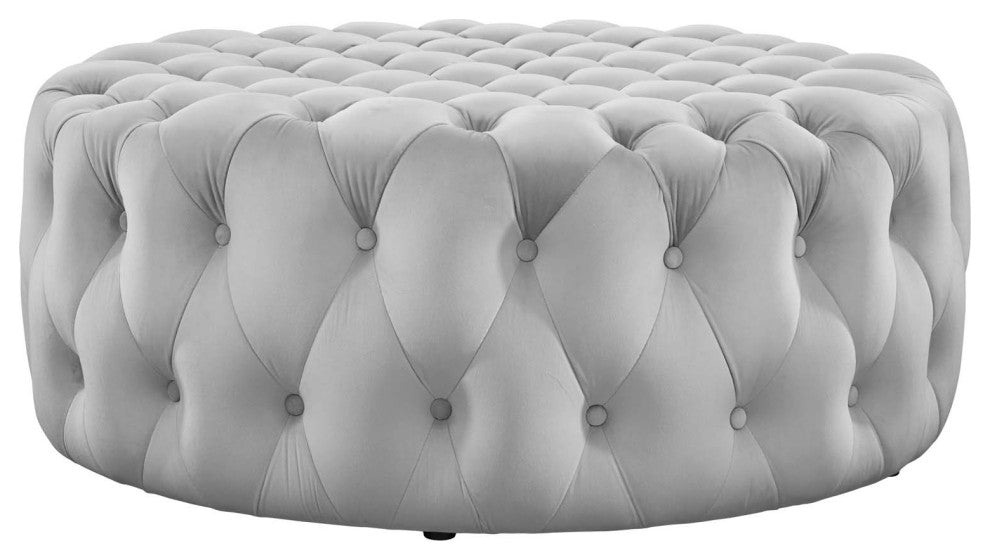 Round Ottoman Accent Tufted Chair, Gray, Velvet, Modern, Cafe Hospitality