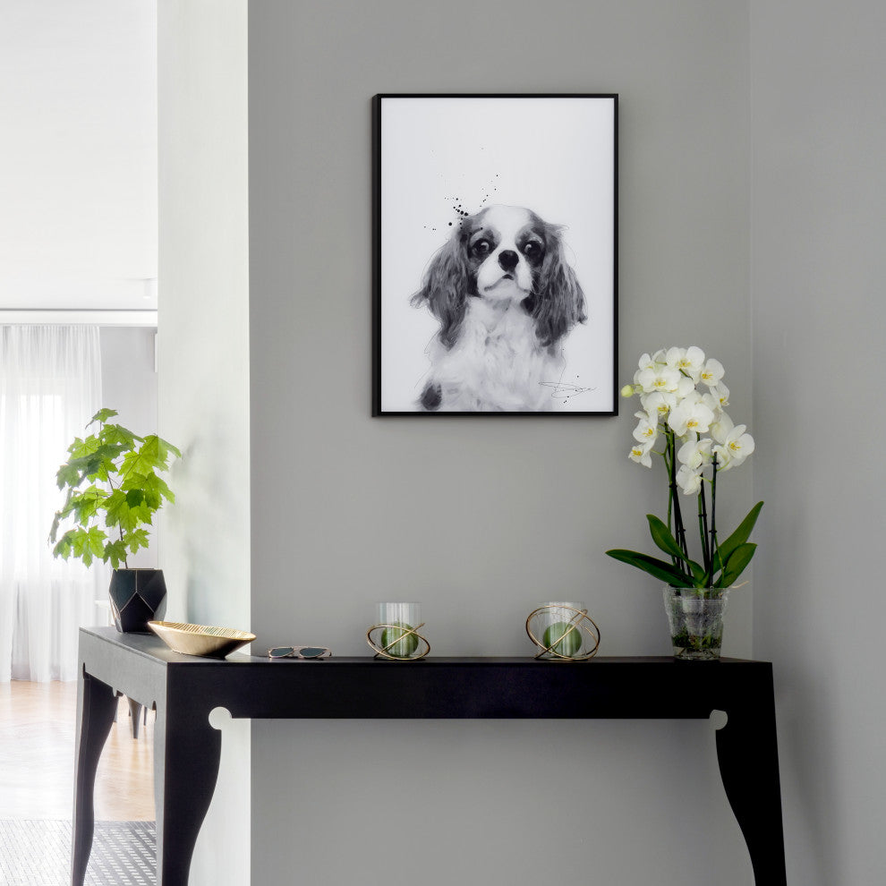 "King Charles Spaniel" Black and White Pet Art on Glass with Anodized Frame