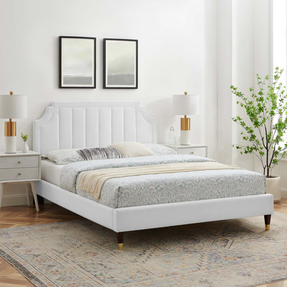 Platform Bed Frame, King Size, Velvet, White, Modern Contemporary, Bedroom