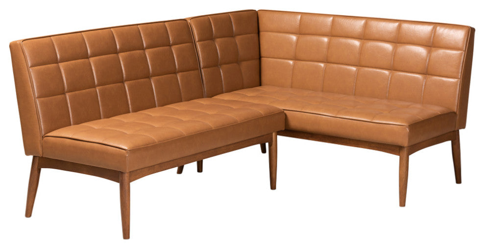 Devin Midcentury Modern 2-Piece Dining Banquette Seat, Tan Faux Leather