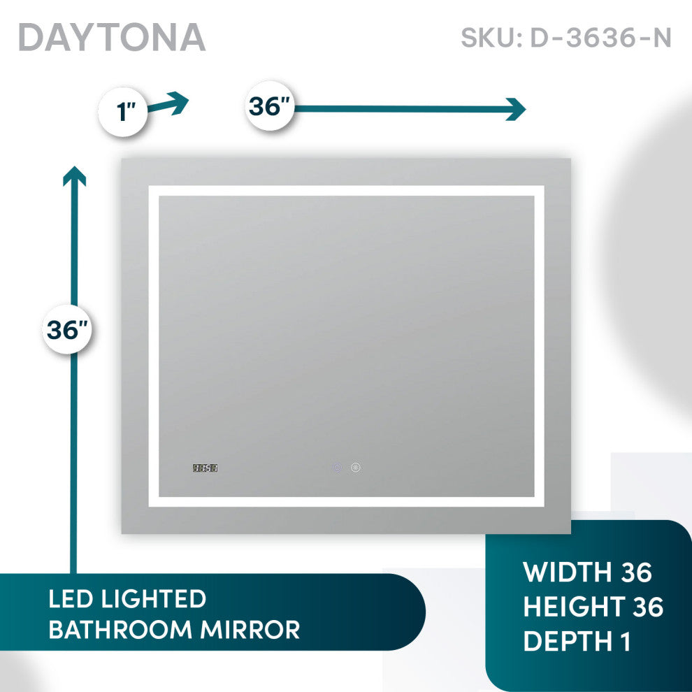 AQUADOM Daytona LED Wall-Mount Mirror Defogger Digital Clock 36"x36"x1"