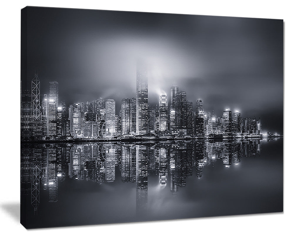 "Hong Kong Black And White Panorama" Cityscape Artwork Canvas, 20"x12"