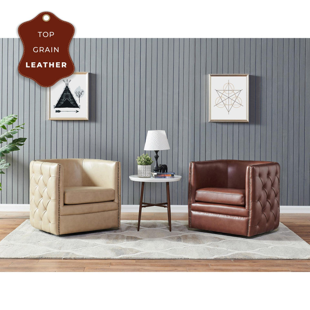 Leslie Swivel Tufted Accent Arm Chair, Garrett Brown, Top Grain Leather