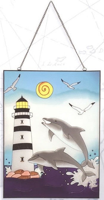 Lighthouse With Dolphins Stained Glass