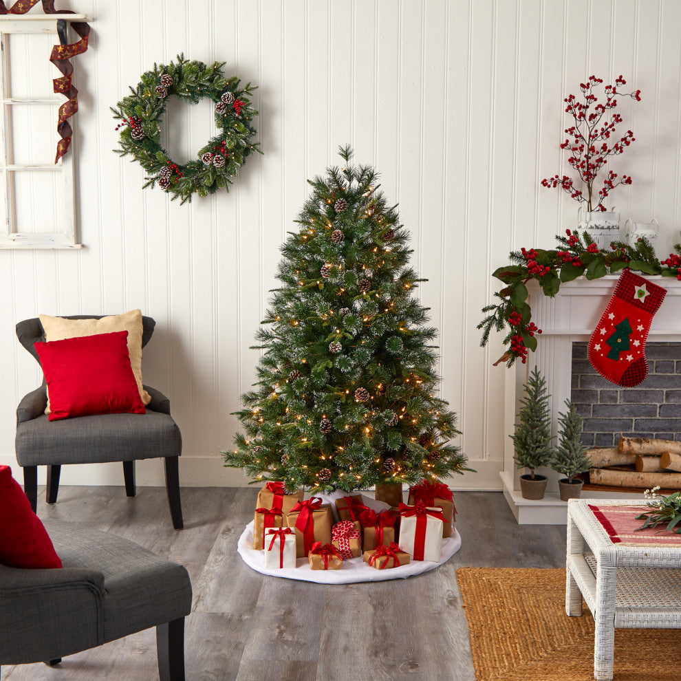 4' Snowed Tipped Clermont Mixed Pine Faux Xmas Tree W/Lights, Pinecones