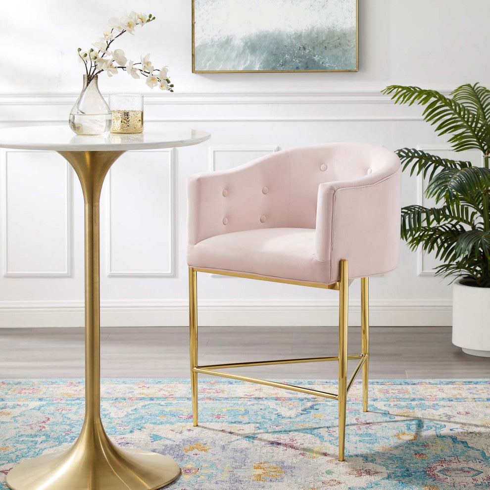 Tufted Counter Stool Chair, Velvet, Metal, Pink, Bar Pub Cafe Bistro Restaurant