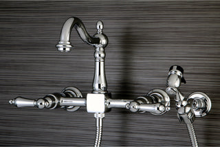 Heritage Wall Mount Bridge Kitchen Faucet, Brass Sprayer, Polished Chrome