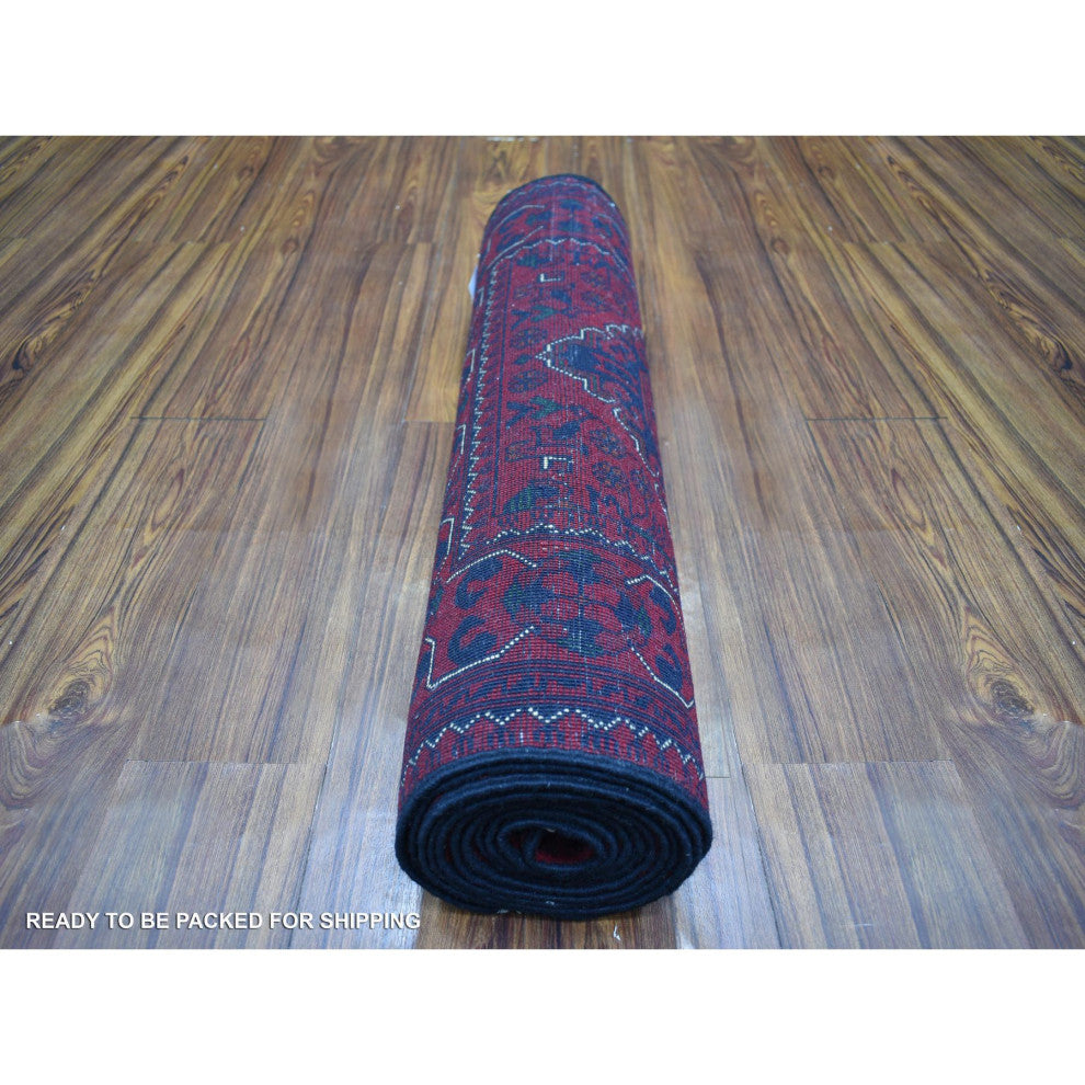Red Afghan Khamyab Pure Wool Tribal Design Hand Knotted Runner Rug, 2'8"x12'9"