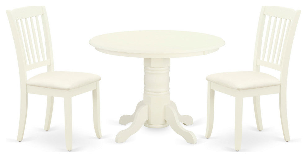 3Pc Dinette Set, Round Table, Two Vertical Slatted Linen Seat Chairs, White