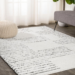 Petra Abstract Stripe Geometric Shag, White/Black, 4'x6'